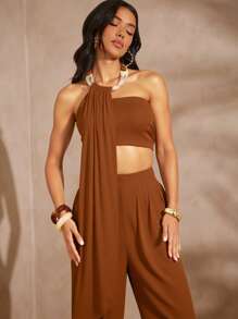 Hauture Camisola de mujer minimalista, de unicolor, sexy, con escote halter y amarre en la espalda