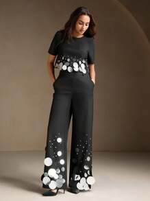 Anewsta Tall Sequin & Beaded Waist Belt High-Waisted Suit Pants For Women, New Autumn/Winter Party Style, Tall Women - Black - View 2