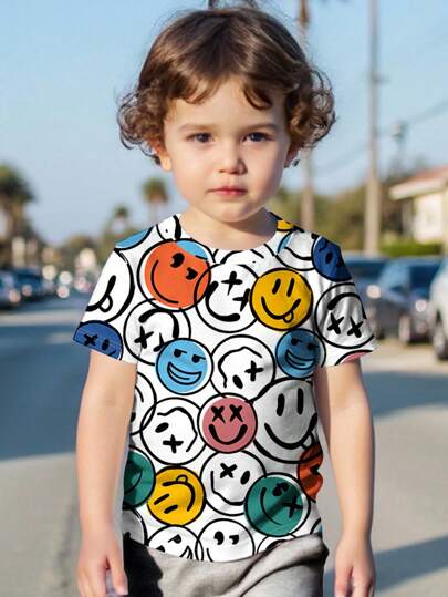 SHEIN Young Boy Casual Minimalist Face Pattern Comfortable Short Sleeve Round Neck T-Shirt, Suitable For Summer