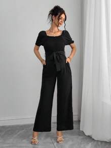 Momance 时尚方领短袖系带连体裤 - 黑色 - 查看 7