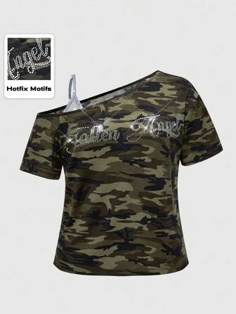 Grunge Punk Große Größen Frauen Punk Flügelmuster Glitzer Camo Muster asymmetrische Schulter lose 2 in 1 T-Shirt