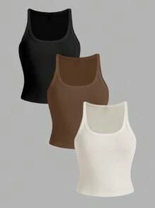 Slaydiva 3pcs/Set Atasan Tank Camisole Kasual Ketat Ukuran Plus Wanita, Hitam, Cokelat Tua, Krem Muda, Cocok untuk Musim Panas dan Kembali ke Sekolah - MultiWarna - View 2