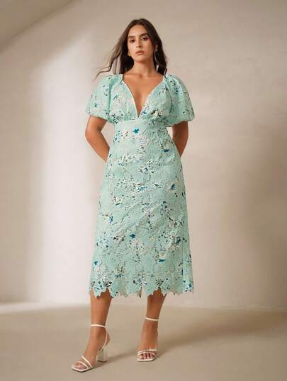 Anewsta Plus Size Elegant V-Neck Puff Sleeve Waist Cinched Dress