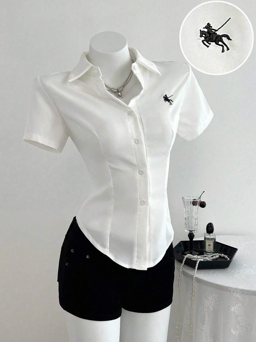 Elamini 正面刺绣收腰短袖女式衬衫 - 白色 - 查看 1