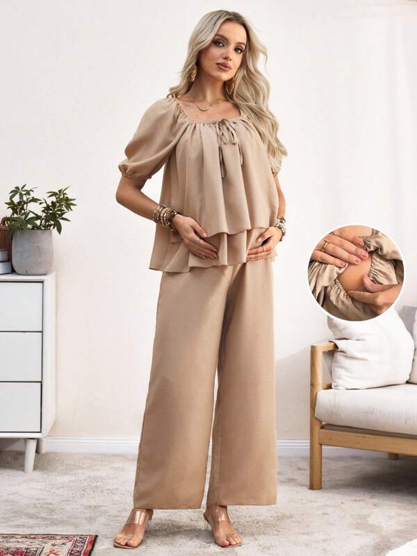 SHEIN Solid Color Casual Square Collar Tie-Front 2Pcs Set, Maternity & Nursing Long Pants