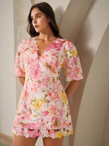 Anewsta Plus Size Women V-Neck Short Puff Sleeve Gathered Waist A-Line Lace Floral Dress, Suitable For Summer, Festival, Holiday, Vacation, Elegant