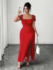 SHEIN PETITE Elegant Square Neck Ruffle Hem Split Hem Dress For Women, Summer - Red - View 5