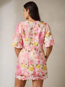 Anewsta Plus Size Women V-Neck Short Puff Sleeve Gathered Waist A-Line Lace Floral Dress, Suitable For Summer, Festival, Holiday, Vacation, Elegant