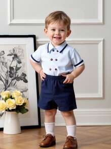 Souflis Souflis 2-Pc Baby Boy Navy Patchwork Lapel Short Sleeve Shirt & Shorts Set, Suitable For Summer, 6M-3Y Boys Toddler Outfit Sets Boy Baby Clothes Baby Boys Sets Boys Outfit Sets Boy Clothes For Kids Baby Boys Sets - Blue - View 1