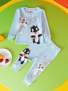 LOONEY TUNES X SHEIN 男婴卡通风格可爱蓝色长袖T恤和紧身裤睡衣套装