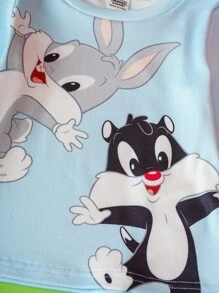 LOONEY TUNES X SHEIN 男婴卡通风格可爱蓝色长袖T恤和紧身裤睡衣套装