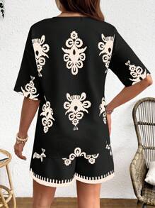 SHEIN Maternity Casual Contrast Color Jacket And Shorts Loose Suit - Black - View 2