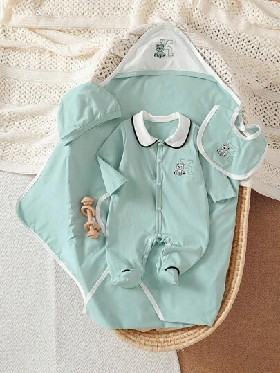 新生儿基本套装 4 件套：连帽连体衣、围兜、毛毯、帽子、四季经典款式