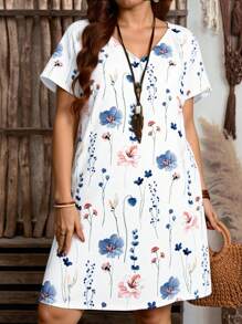 EMERY ROSE 休闲百搭度假风蓝白碎花加大码V领落肩连衣裙，适合夏季