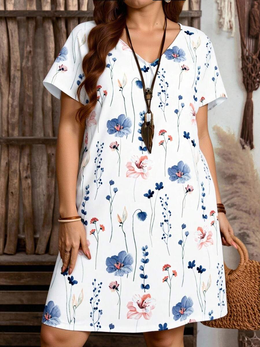 EMERY ROSE 休闲百搭度假风蓝白碎花加大码V领落肩连衣裙，适合夏季