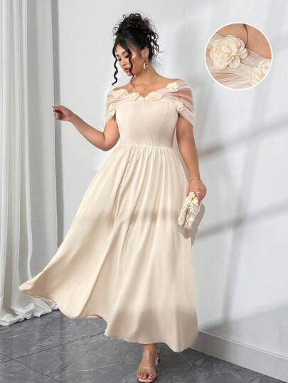 Elenzga Plus Size Women 3D Floral Decor Off Shoulder Mesh Sleeve Elegant A-Line Summer Dress, Solid Color