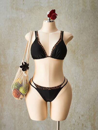 SHEIN ICON Plus Size Women's 1pc Bikini Top Y2k Summer Going Out Solid Color Splice Spaghetti Strap Minimalist Bikini Top