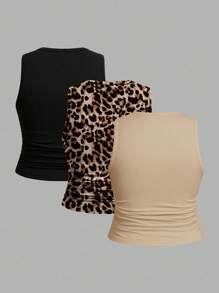 SHEIN EZwear 女士休闲纯色豹纹吊带背心三件套，夏季