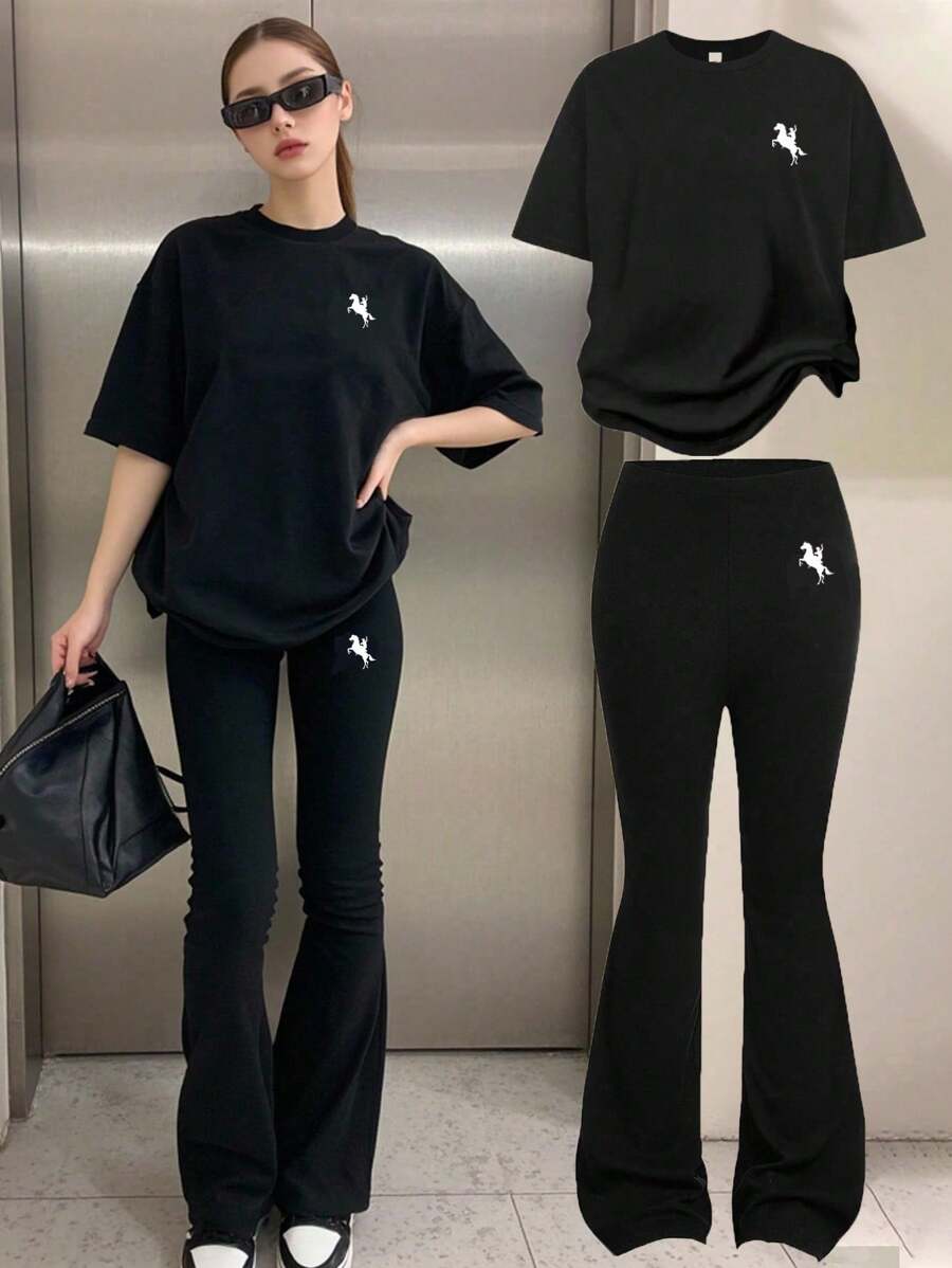 SHEIN EZwear 2件套女式短袖T恤和喇叭裤套装夏季