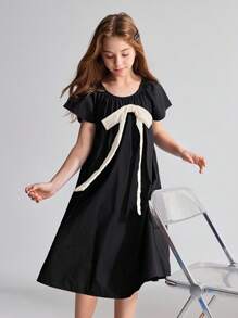 Ontre Tween Girls' Loose Fit Round Neck Bow Decor Casual Dress - Black - View 3