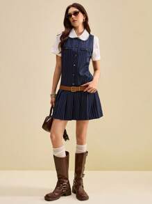 Muvela 女士条纹短裙 返校服 学院风连衣裙 女士细条纹连衣裙 女士褶皱迷你连衣裙 女士翻领连衣裙 女士纽扣连衣裙 条纹连衣裙 - 藏蓝色 - 查看 3