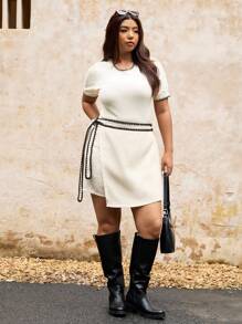 Elaquor Plus Size Casual Dog Tooth Edge Color Block Waist Skirt - Apricot - View 6