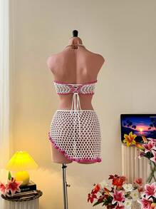 SHEIN Swim 2 件套夏季海滩花卉钩针露肩上衣和镂空裙套装，女士度假罩衫 - 彩色 - 查看 2