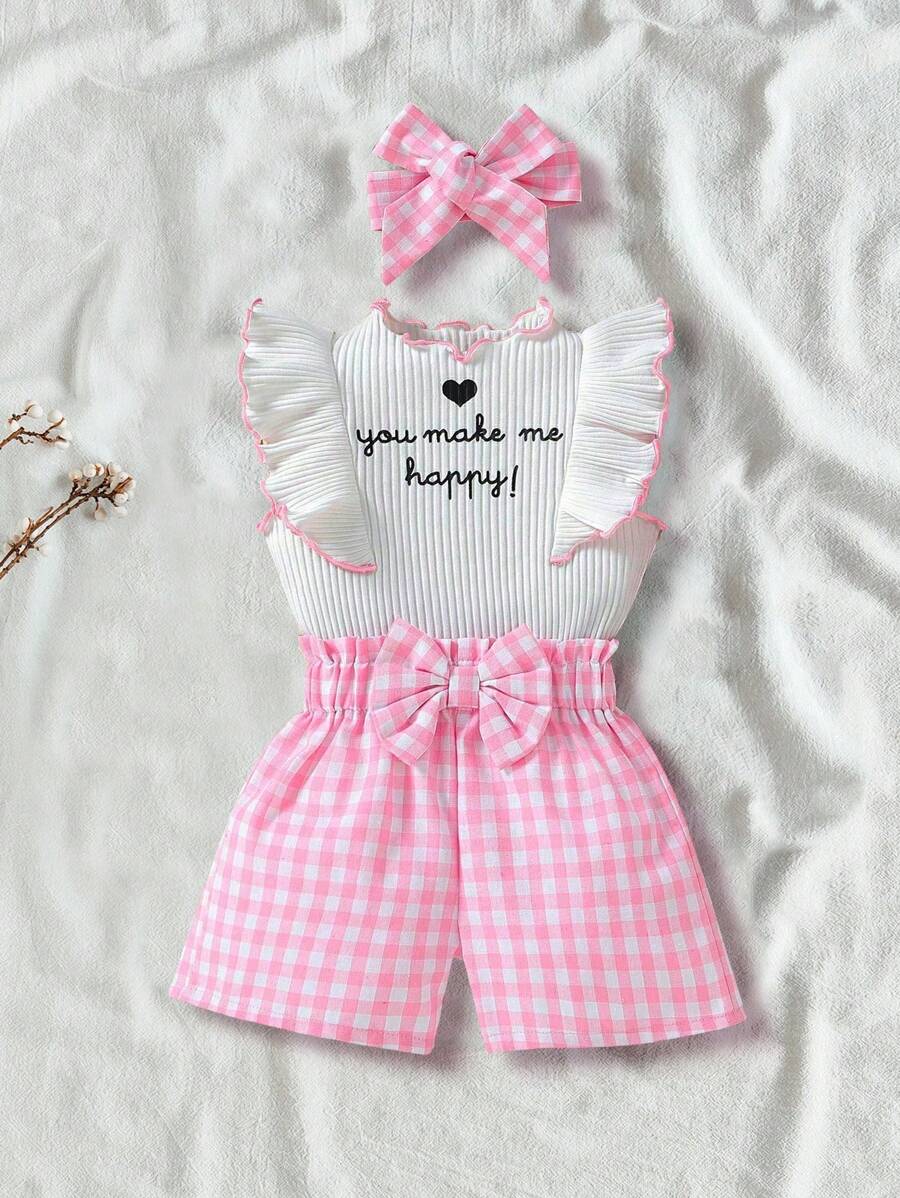 SHEIN Vintaside Kids Baby Girl Slogan Printed Ruffle Hem Top And Checked Shorts Set - Multicolor - View 1