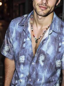 Manfinity Dauomo Men's Denim Effect Print Short Sleeve Button-Down Casual Shirt - Multicolor - View 1