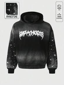 ROMWE MEN Street Life Sudadera con capucha para hombre con bordado de rhinestones y efecto lavado desteñido - Negro - Ver 6