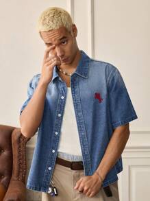 SWAVVY Men's Woven Casual Loose Short Sleeve Denim Shirt, Fashion Daily Wear