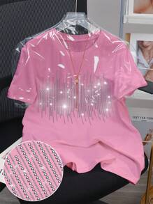 SHEIN Glitter Rhinestones Decor Plus Size Women T-Shirt - Pink - View 1