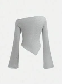 SHEIN Girlism Plain Light Grey Long-Sleeve Tee And Flared Pants Co-Ords For Tween Girls Grey Outfit Set Pants And Top Set Grey Two Piece Outfit Grey Set Outfit Grey Two Piece Set Grey Girl Outfit Fall Winter