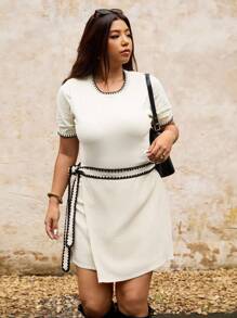 Elaquor Plus Size Casual Dog Tooth Edge Color Block Waist Skirt - Apricot - View 4