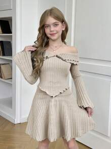 SHEIN 青少年女孩针织罗纹单肩不对称摆动修身上衣和高腰 A 字裙休闲套装 - 杏色 - 查看 12