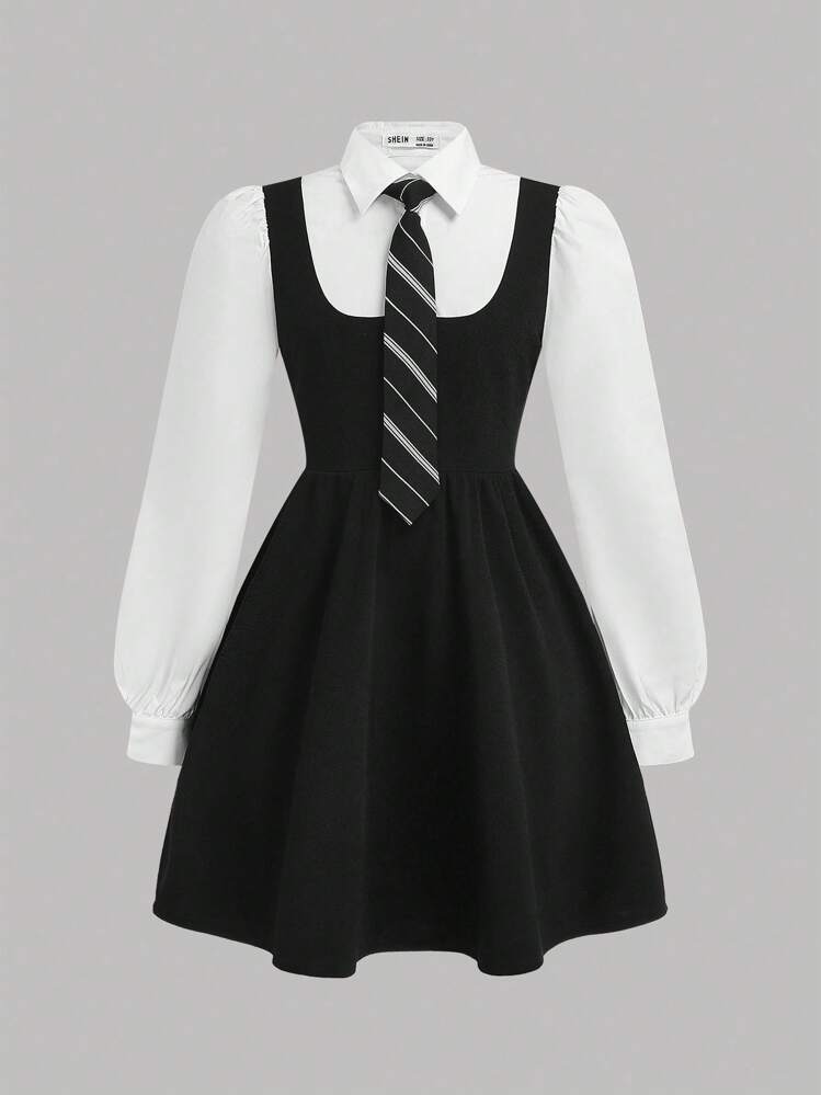 Young Girl Casual Colorblock Collared Patchwork Flared Waist Long Sleeve Dress Fall Winter - Black and White - View 6