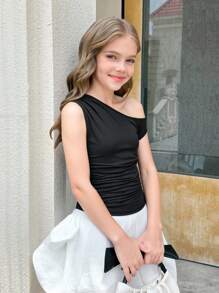 SHEIN Serisse Kids 青少年女孩休闲街头时尚黑色不对称领口褶饰修身 T 恤 - 黑色 - 查看 7
