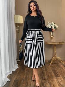 SHEIN Clasi Plus Size Women's Solid Color Comfortable Round Neck Long Sleeve T-Shirt With Women's Striped Print With Button Pocket Belt Design Waist Skirt Elegant Women's Two Pieces Set - Black and White - View 3