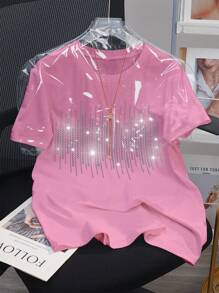 SHEIN Glitter Rhinestones Decor Plus Size Women T-Shirt - Pink - View 3