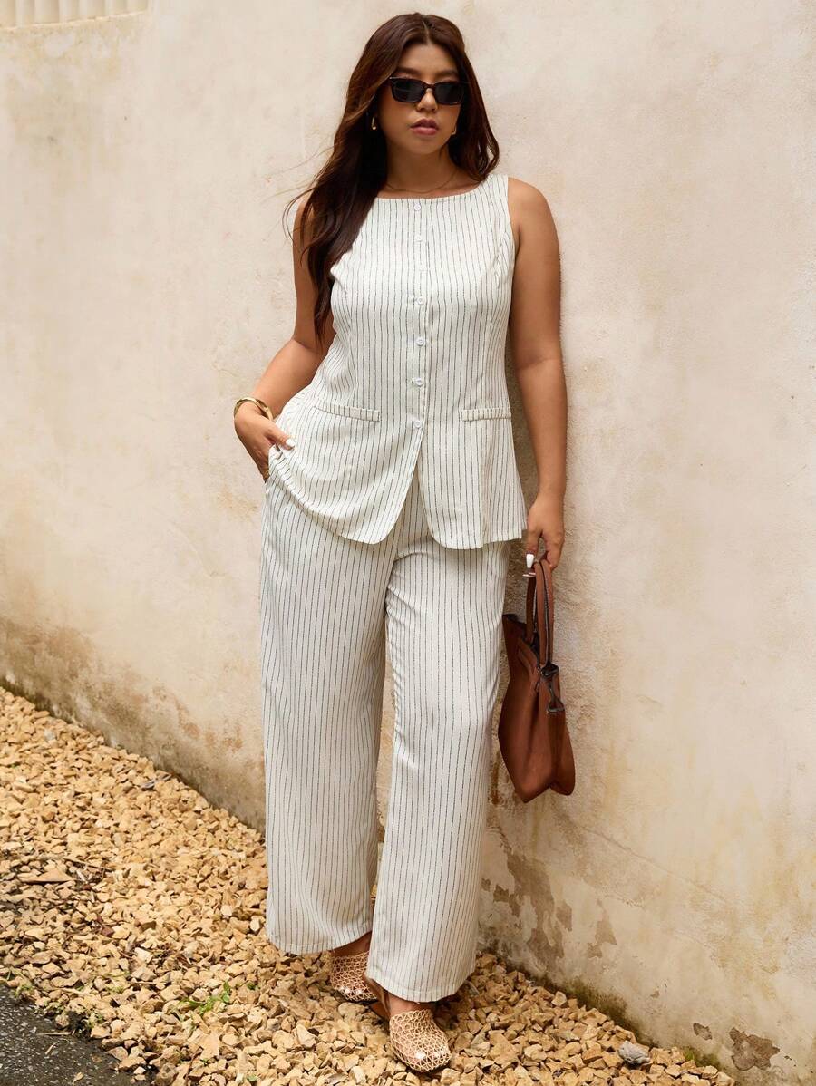 Elaquor Conjunto informal de 2 piezas, talla grande, para mujer, para uso de oficina/viajes, estilo a rayas, versátil, blusa y pantalones, para el verano