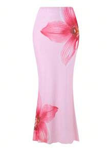 Swim Oasis 3pcs/Set Women's Vacation Floral Swimwear, Fashion Sexy Deep Draped Neck Strap Halter Bikini Cropped Top & Mini Skirt Set For Summer - Pink - View 5