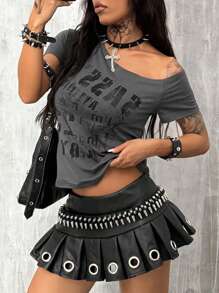 Coolane 女式字母印花不对称领短袖修身T恤，夏季 - 灰色 - 查看 3