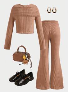 SHEIN Bộ 2 áo len dệt kim đính nơ trang trí trang nhã cho bé gái và quần dài đơn giản, trang phục thường ngày, phù hợp cho mùa xuân/thu - Màu be - Xem 2