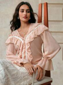 Chiquease Camisa Elegante de Mulher com Gola em V de Tecido de Chiffon de Manga Longa, Silhueta com Renda de Pérolas Falsas, Barra com Babados, Costura Francesa, Contraste de Cor, Pó de Borracha, Estilo Vintage para Professoras, Cruzeiro, Outono, Primavera, Casual - Damasco - Visão 6