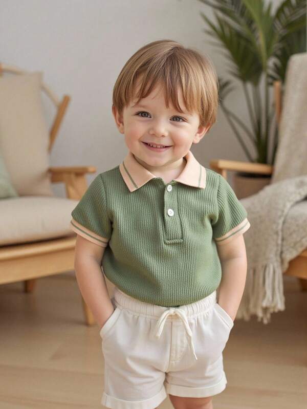 SHEIN Vintaside Kids Baby Boy Classic Green Waffle Fabric Apricot Polo Shirt, White Contrast Buttons Half Placket Short Sleeve Casual Top, Summer Streetwear Activewear For School, Holiday, Outdoor Retro Vintage, Baby Boy Clothes, Polo  Boy For Baby Baby Boy Polo Shirt,Toddler Button Up Boy Baby Clothes Toddler Clothes Retro Baby Boy Clothes,6M-3T