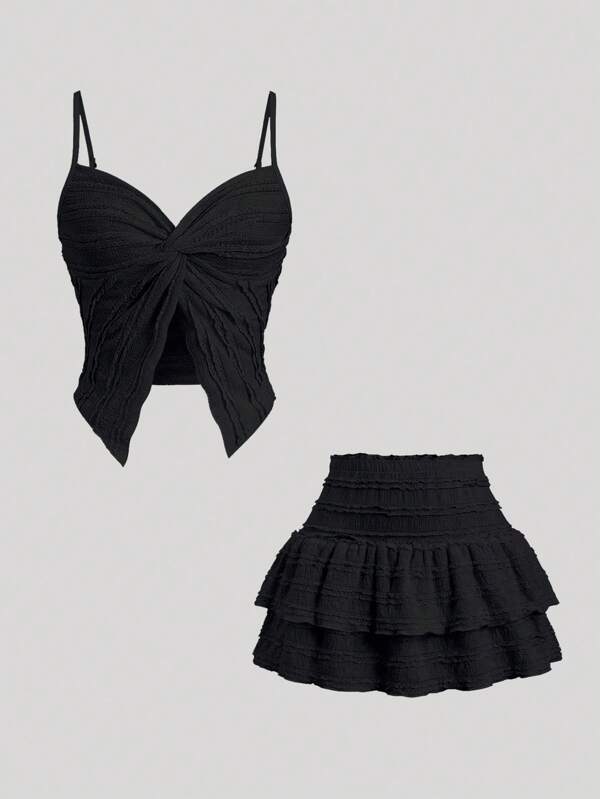 Sweetra Set de 2 piezas con top de tirantes con volantes y falda mini línea A con volantes para mujer, primavera/verano