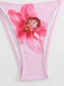 Swim Oasis 3pcs/Set Women's Vacation Floral Swimwear, Fashion Sexy Deep Draped Neck Strap Halter Bikini Cropped Top & Mini Skirt Set For Summer - Pink - View 7