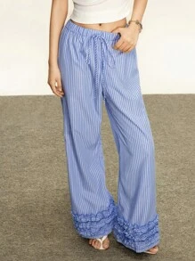 Rina Fox Blue & White Striped Floral Lace Trim Wide Leg Pants For Women, Summer Casual Fall Cloth For Women - Blue and White - View 4