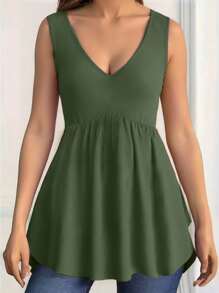 INAWLY Plus Size Plain V-Neck Casual Fashion Tank Top, Summer - Army Green - View 1