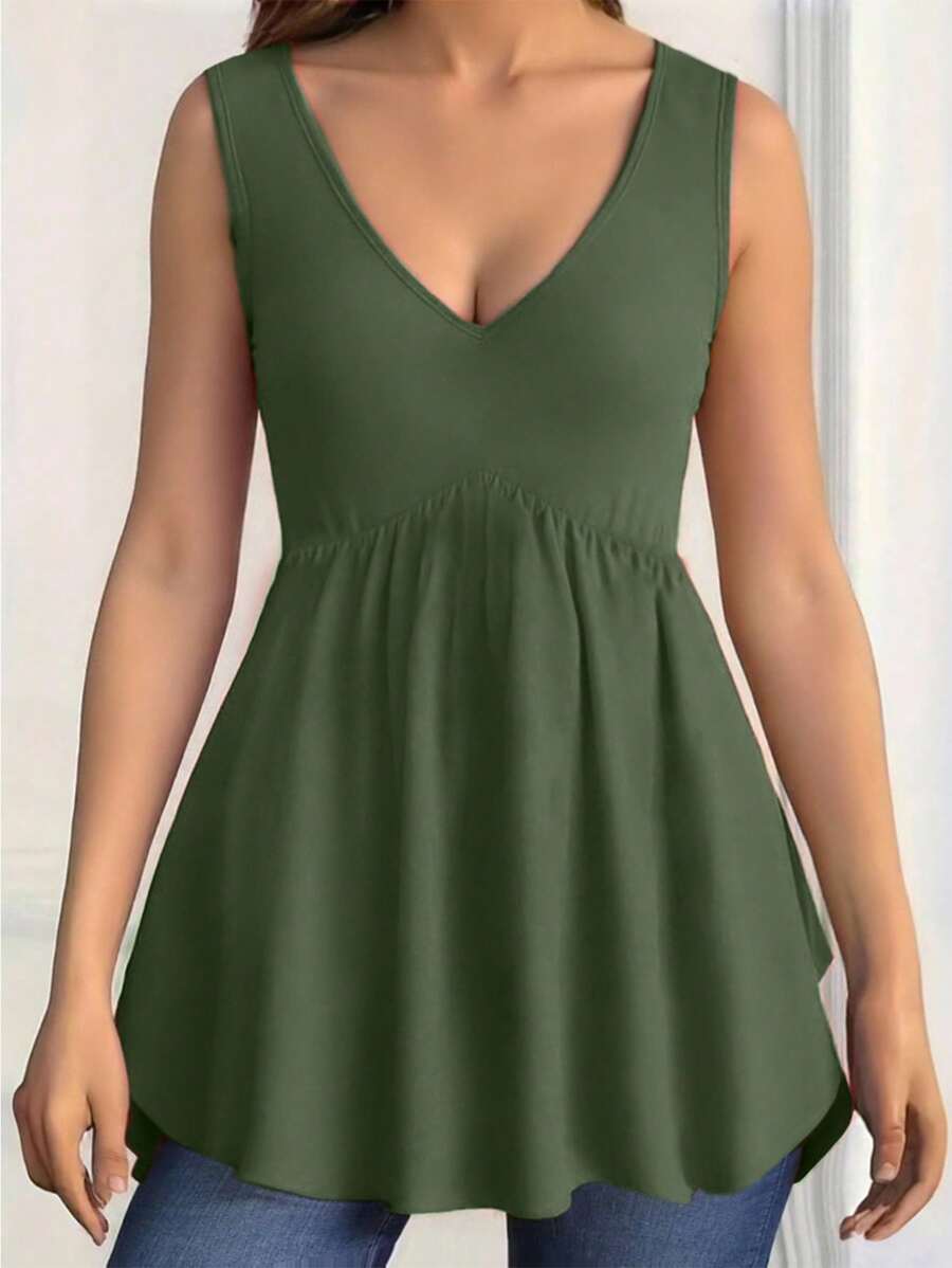 INAWLY Plus Size Plain V-Neck Casual Fashion Tank Top, Summer - Army Green - View 1
